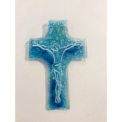 Croix murale en verre bleue...