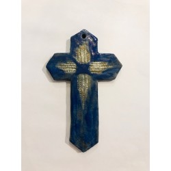 Croix murale en raku bleu...