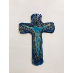 Croix murale en raku bleu...