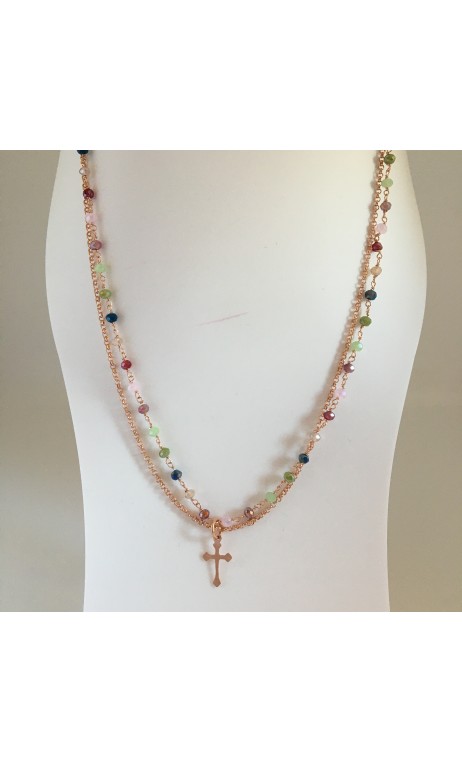 Collier avec boules verre faceté et croix rose