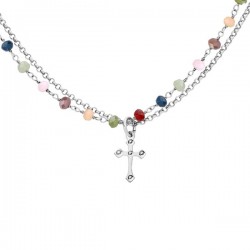 Collier argent avec boules verre faceté et croix