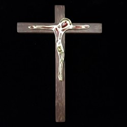 Crucifix bois, bronze et émaux