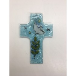 Croix murale en verre bleue...
