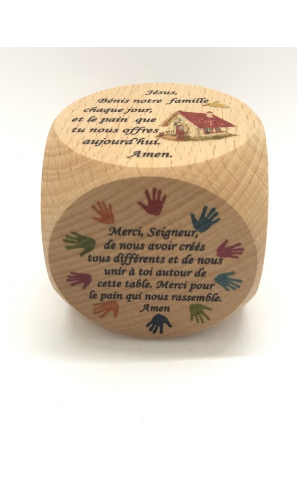 Dé de prière grand modèle, Bénédiction du repas (bois imprimé)